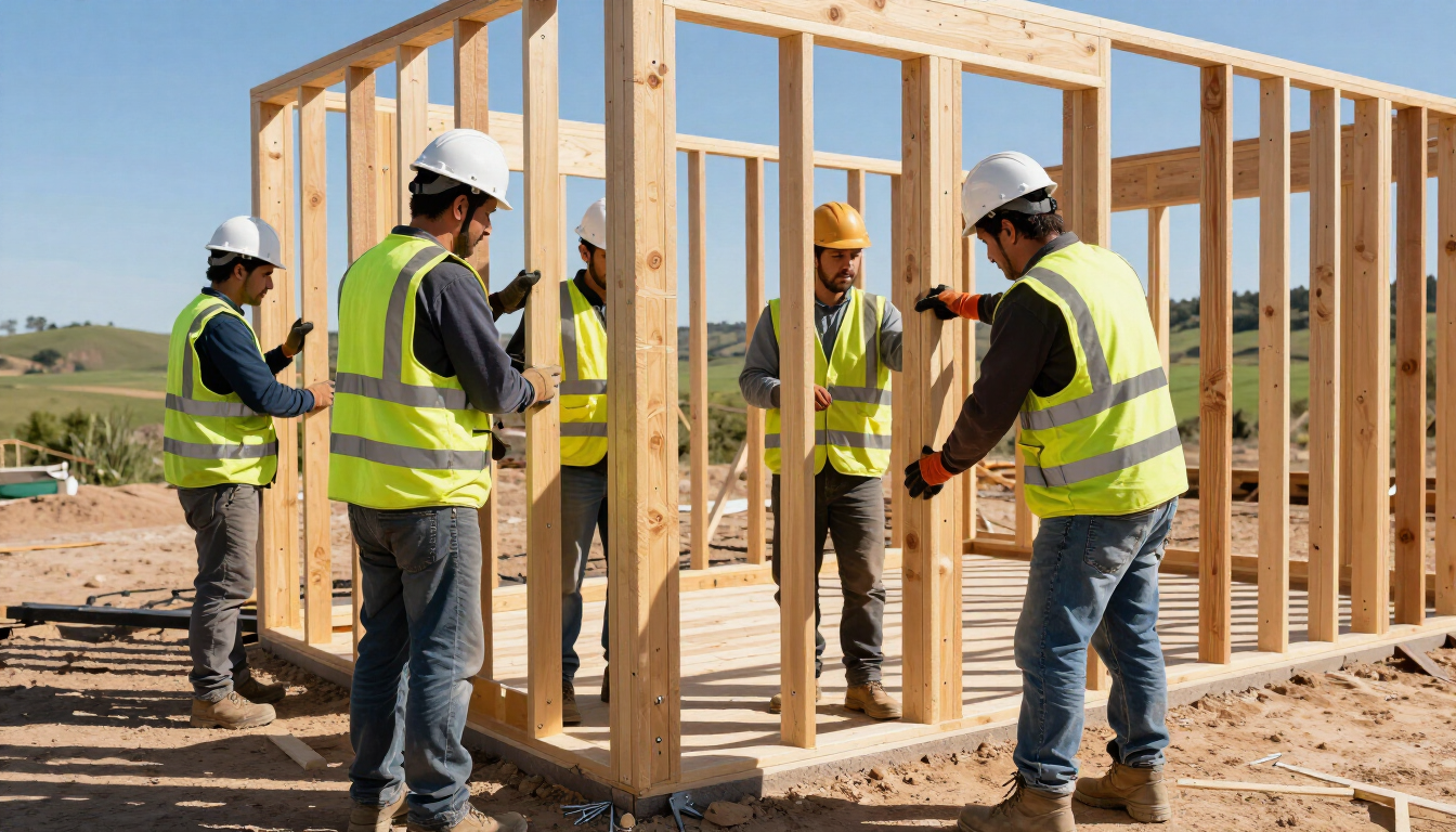 Trabajadores de la construcción con chalecos de seguridad y cascos, montando la estructura de madera
