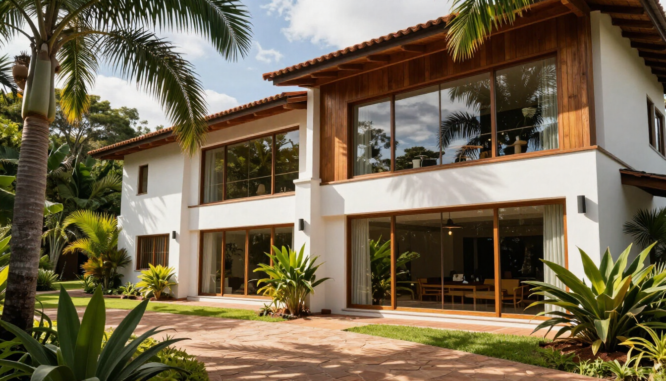 Casa tropical moderna de dos plantas, con paredes blancas, ventanales, tejado de terracota