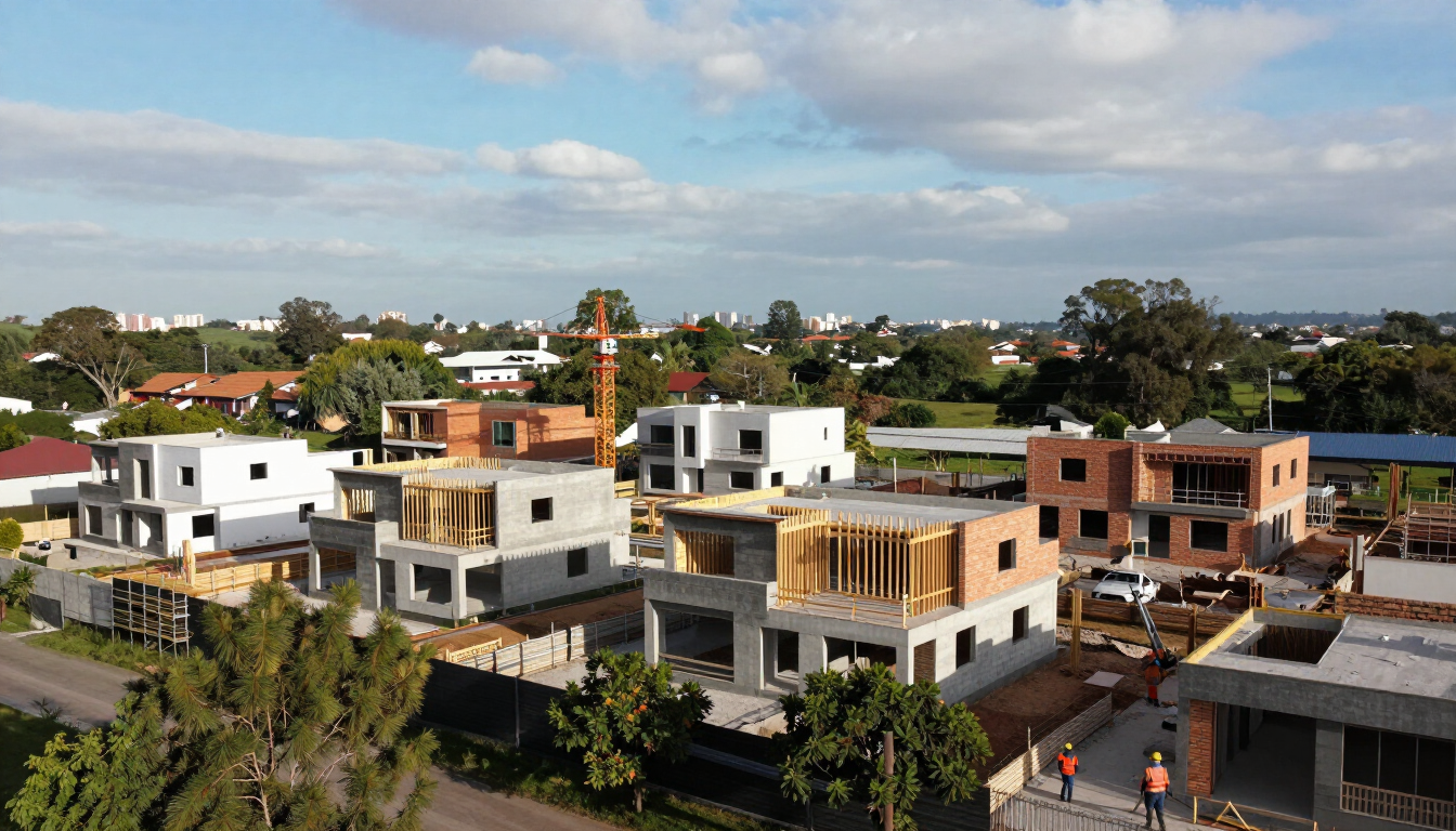 Vista aérea de un nuevo barrio residencial con casas modernas, árboles y colinas.