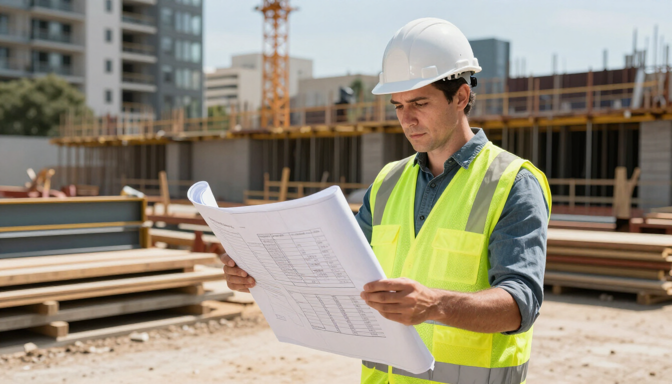 Obrero de la construcción con casco y chaleco de seguridad revisando planos en una obra