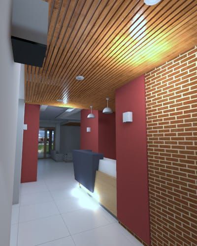 Pasillo moderno con paredes rojas, una pared de ladrillo decorativa, suelo de baldosas blancas e iluminación