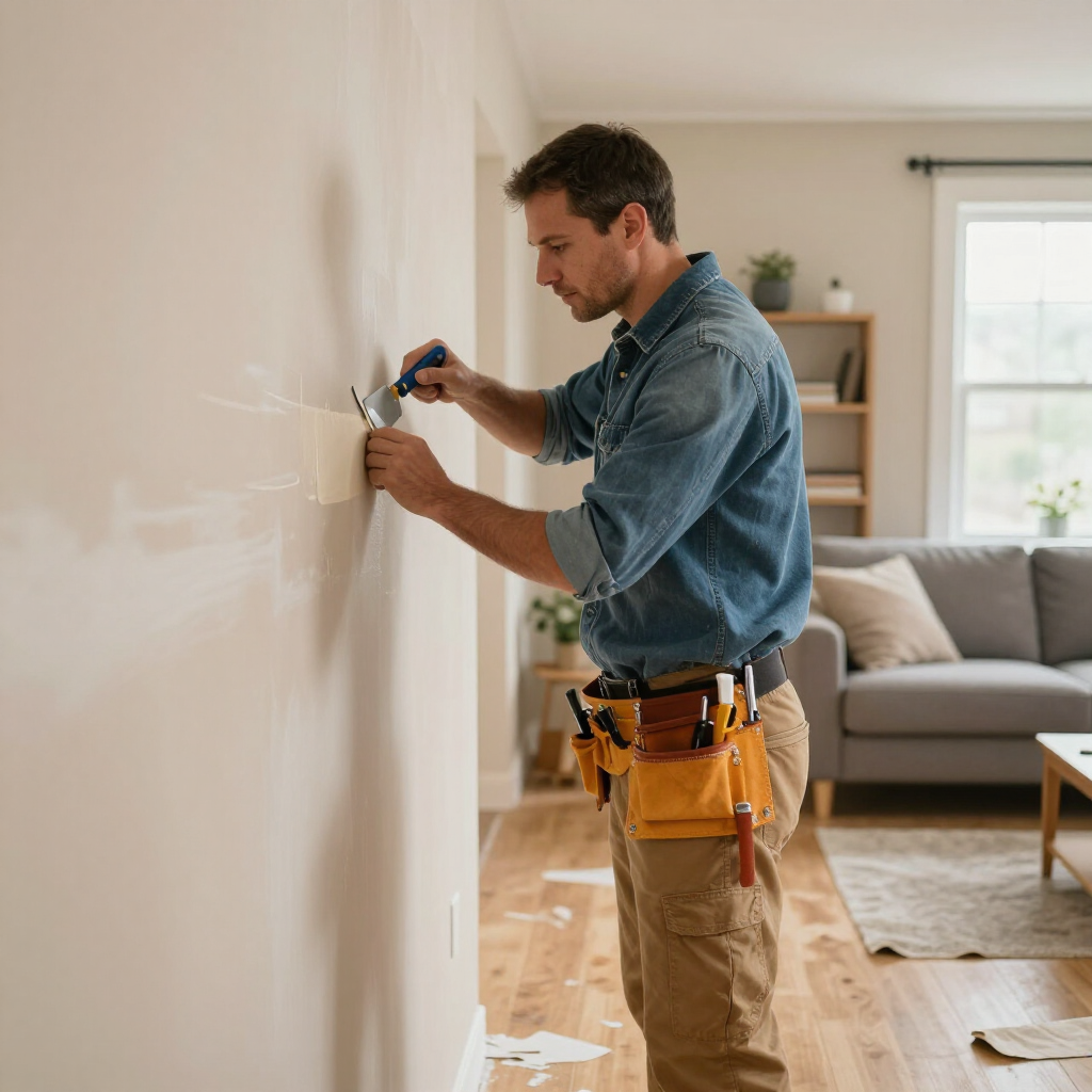A person wearing a tool belt uses a putty knife to apply filler to a beige wall in a living room.