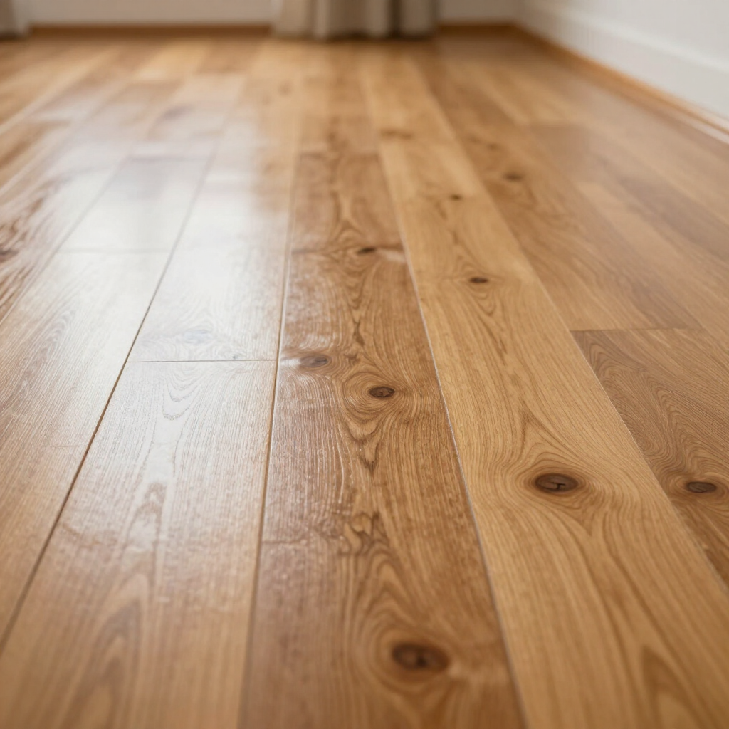 Close-up of light-toned natural wood floorboards featuring prominent grain patterns and small knots.