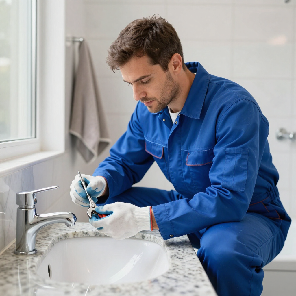 A professional plumber in a blue uniform and gloves uses a wrench to repair a silver bathroom faucet.