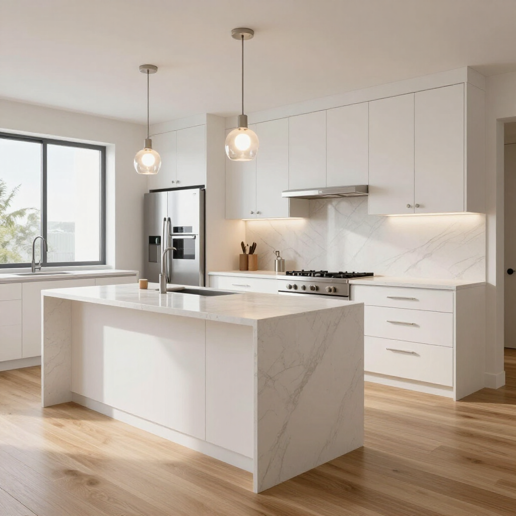 Modern white kitchen with a marble waterfall island, stainless steel appliances, and wooden floors.