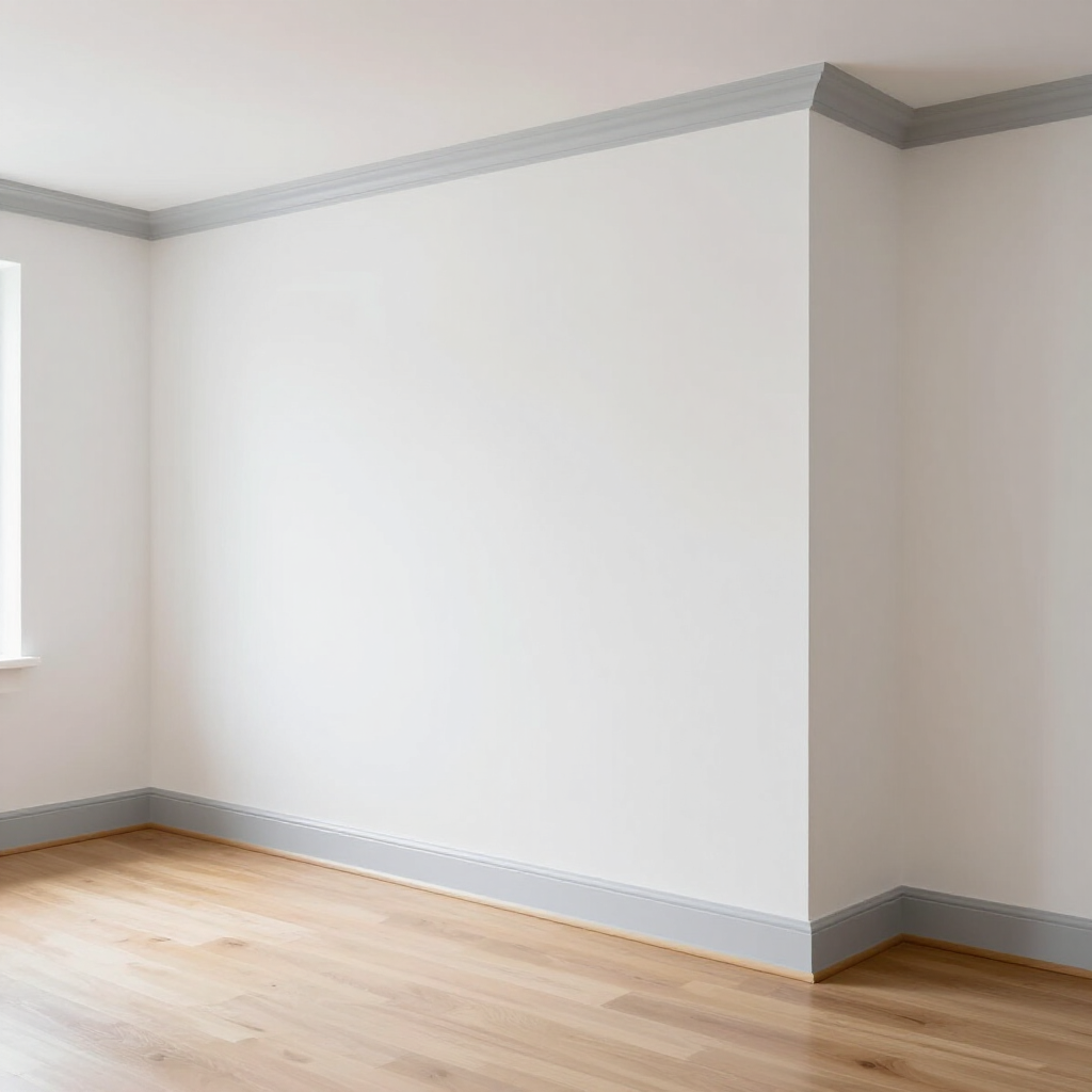 A corner of an empty room with white walls, grey crown molding, matching baseboards, and light-toned hardwood flooring.