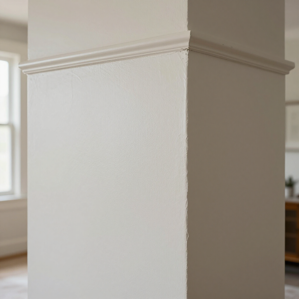 A cream-colored wall featuring a horizontal trim piece that divides the upper and lower sections.