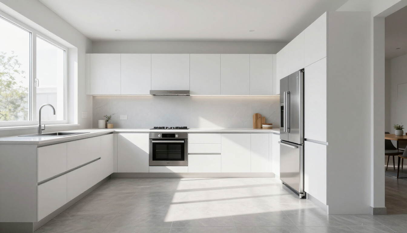 A bright, modern kitchen featuring white flat-panel cabinets, stainless steel appliances, and gray concrete flooring.