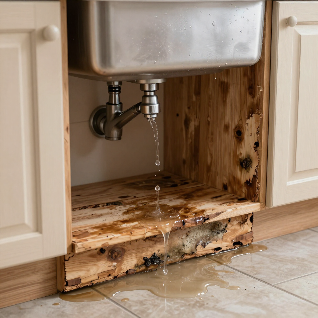 Water leaks from a kitchen sink drain onto rot-damaged wooden cabinet flooring, pooling on the tile floor.