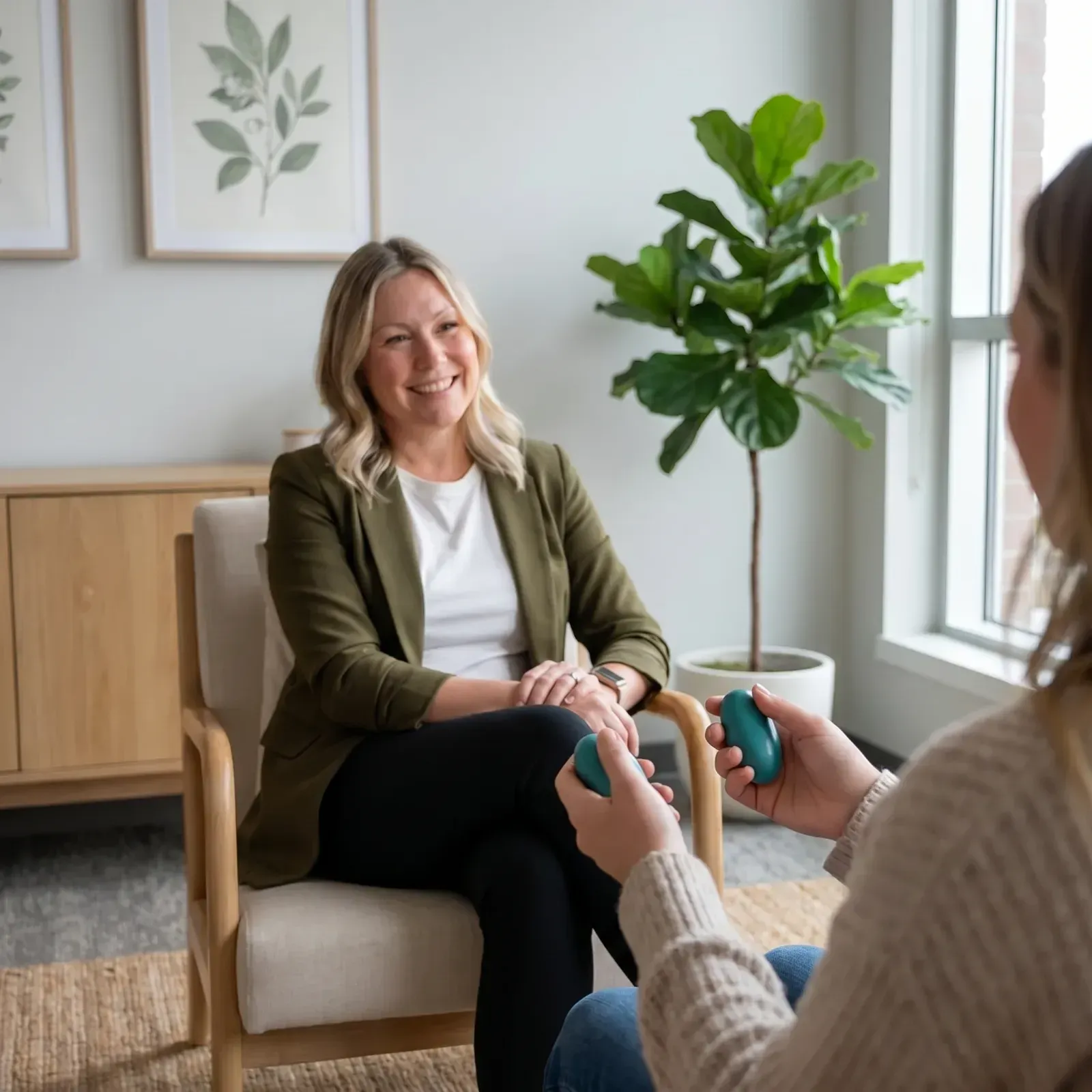 Woman smiling in a bright therapy office while another person holds a teal hand exercise tool