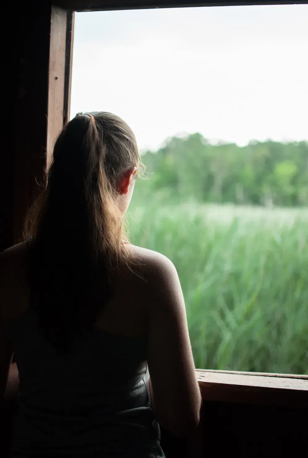 A woman seen from behind, looking out of a window at a green field