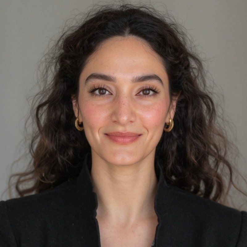 Portrait of a smiling woman with curly dark hair wearing a black blazer against a gray background
