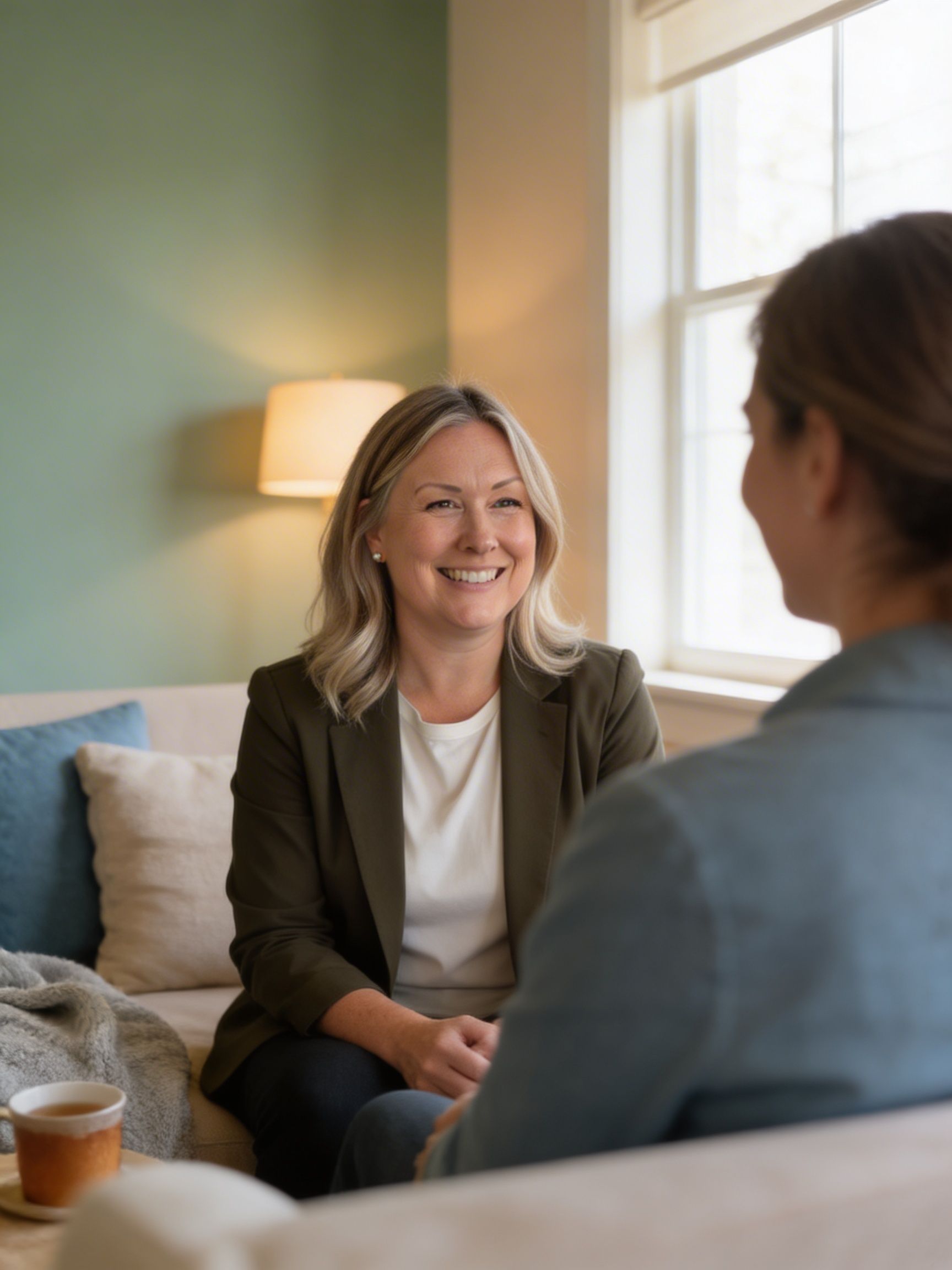 Two people chatting in a cozy living room, smiling by a window and lamp.