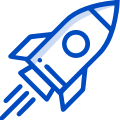 A blue line drawing of a rocket flying through the air.