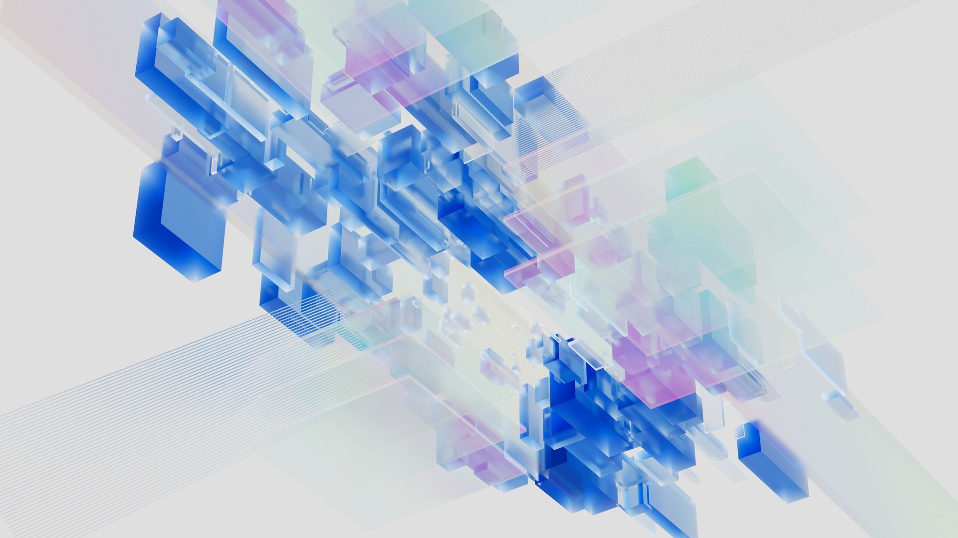 Abstract composition of blue and purple geometric shapes on a white background, with light beams.