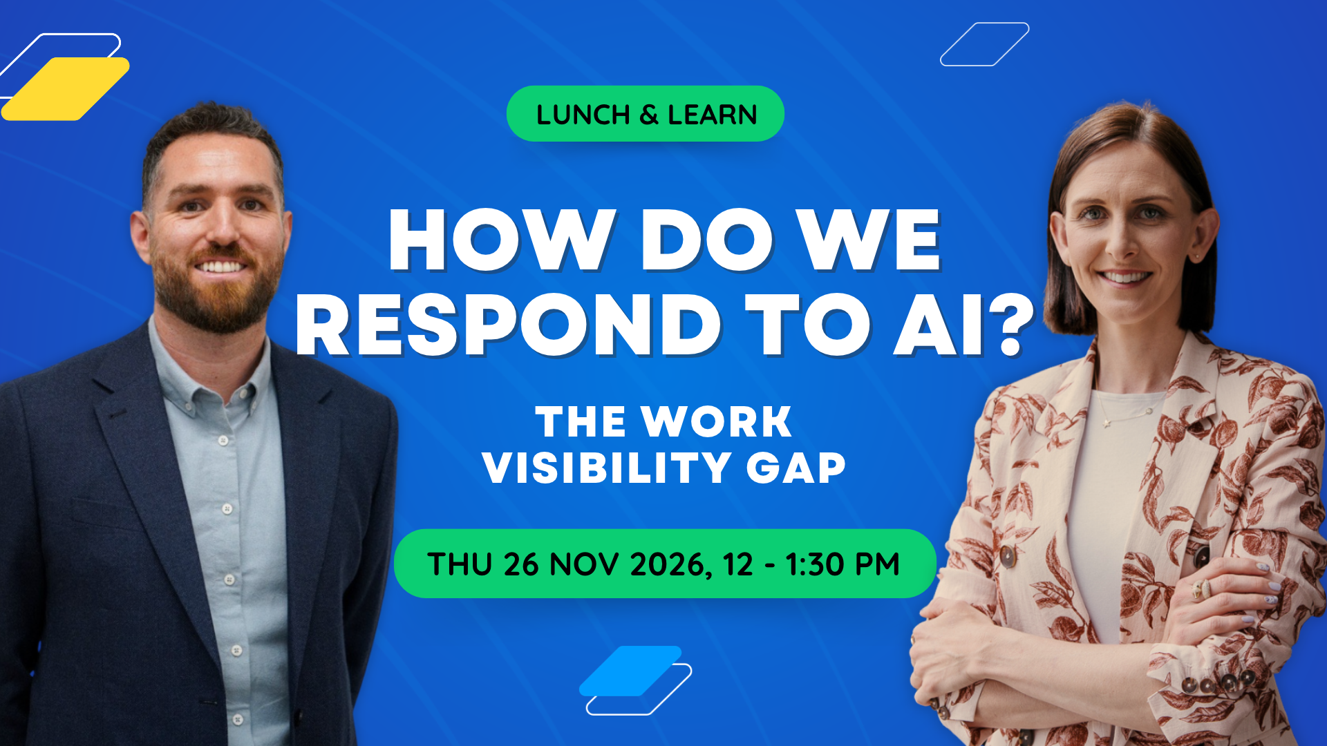 Antony and Jo are standing next to each other on a blue background. AI in HR event.
