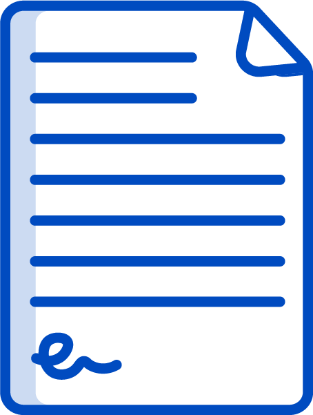 A blue icon of a piece of paper with a signature on it.
