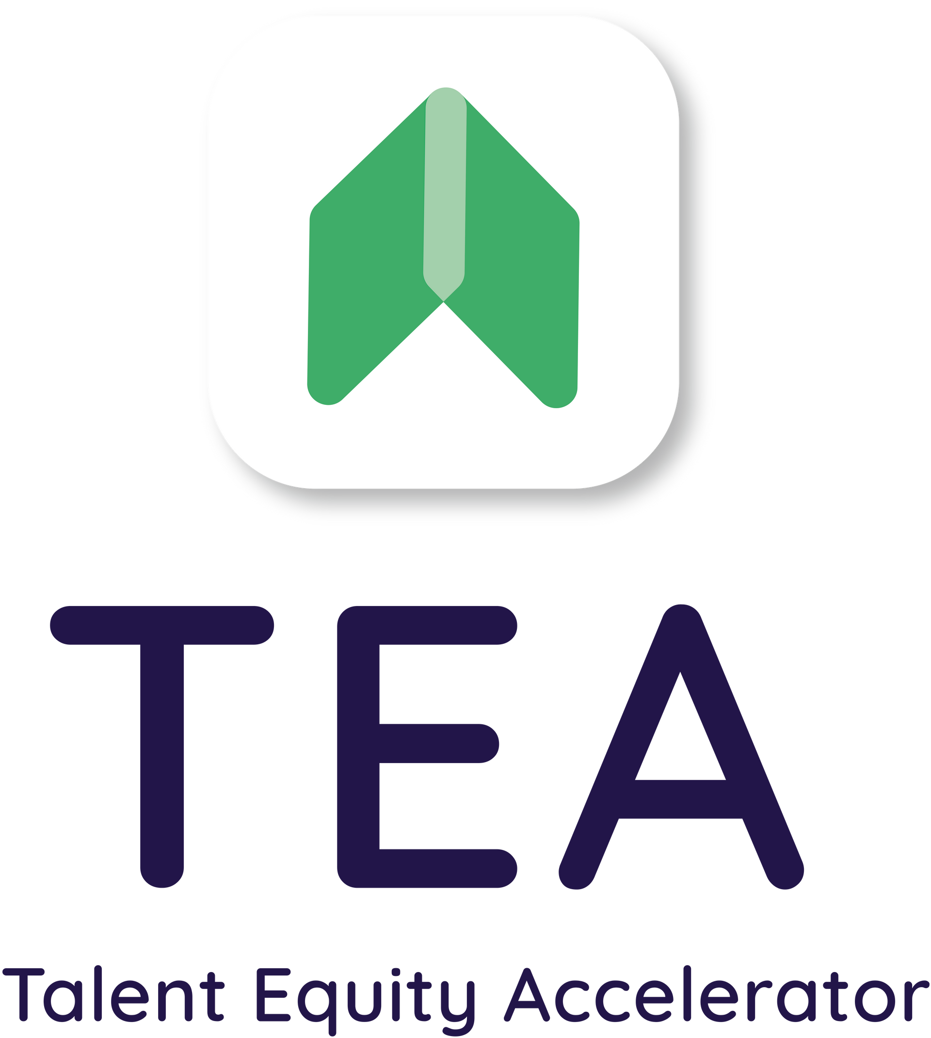 Logo for Talent Equity Accelerator: Green upward-pointing arrow within a white square, with the letters TEA below in blue.