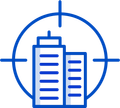 A blue icon of a target with two buildings in it.
