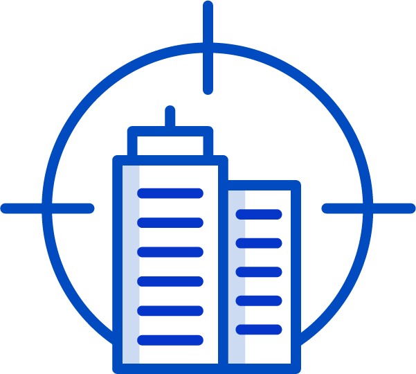 A blue icon of a target with two buildings in it.