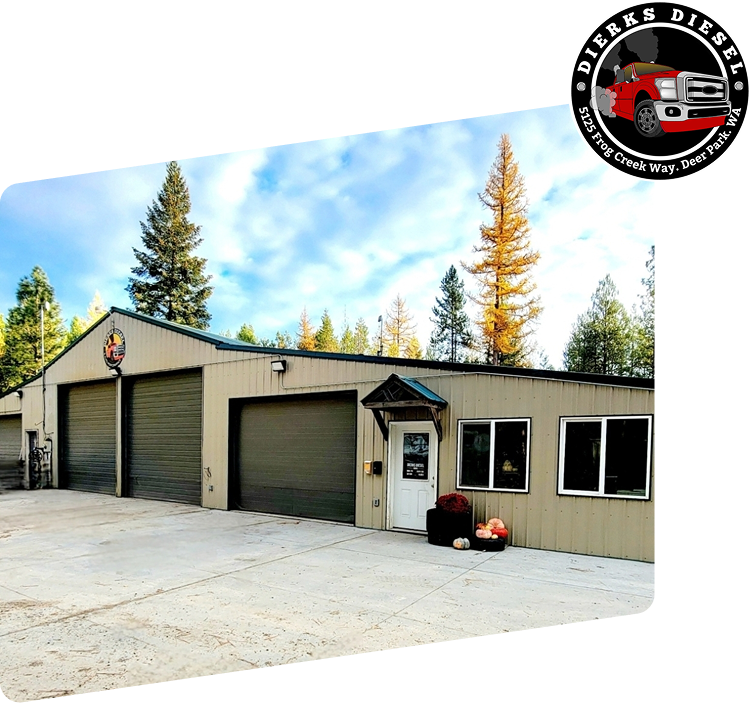 A tan metal shop building with three garage doors and a front entrance, featuring the Dierks Diesel logo in the corner. | Diesel & Auto Performance
