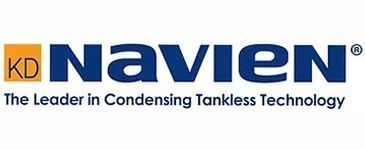 The logo for kd navien is the leader in condensing tankless technology.