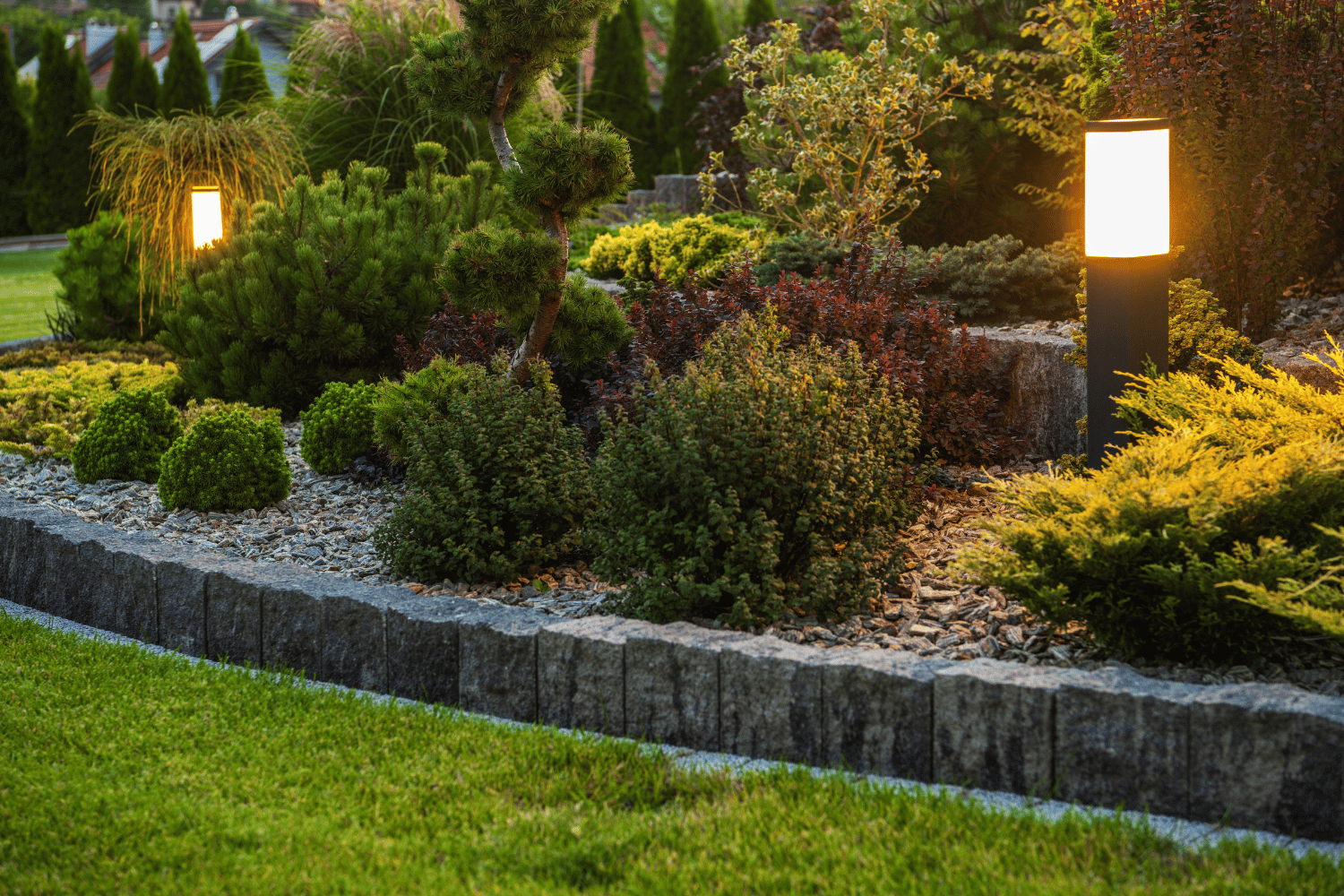 Landscaped garden with shrubs, stone edging, green lawn, and glowing path lights at dusk
