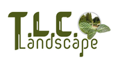TLC Landscape logo with green text and a leaf-shaped photo of a landscaped garden