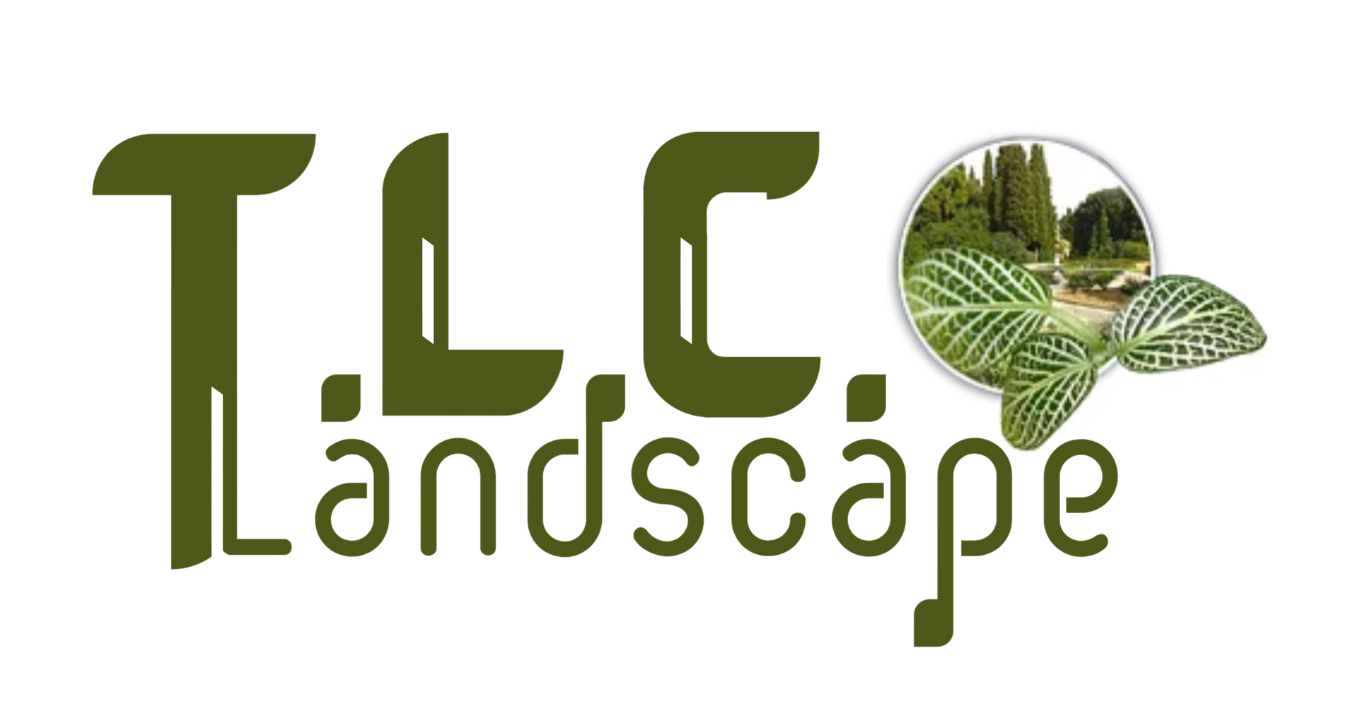 TLC Landscape logo with green text and a leaf-shaped photo of a landscaped garden