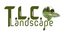TLC Landscape logo with green text and a leaf-shaped photo of a landscaped garden
