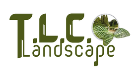 TLC Landscape logo with green text and a leaf-shaped photo of a landscaped garden