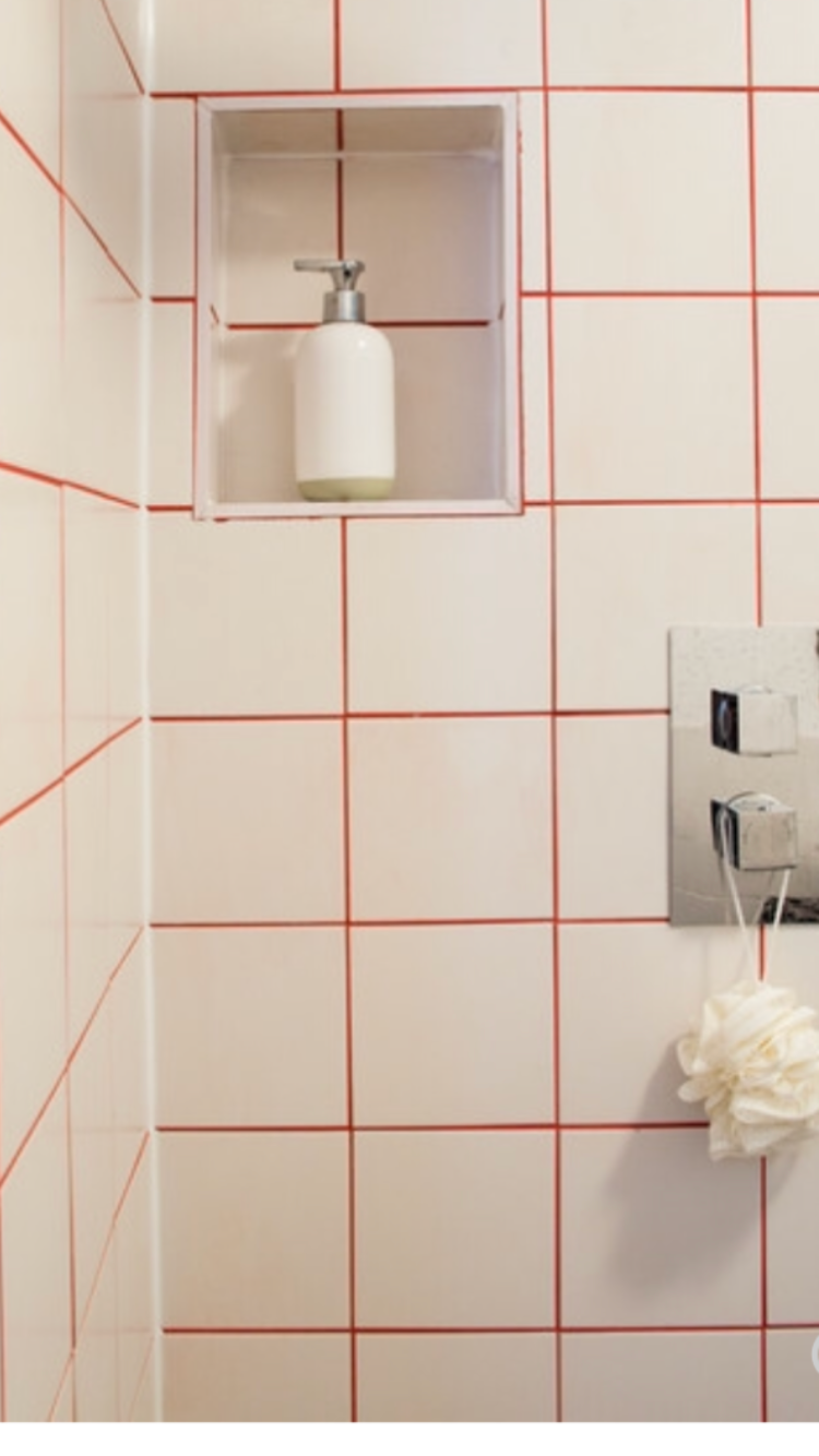 White tiled shower with red grout, soap dispenser in a recessed shelf, and loofah.
