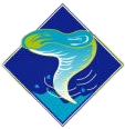 Tornado graphic within a blue diamond, depicting swirling water and wind.