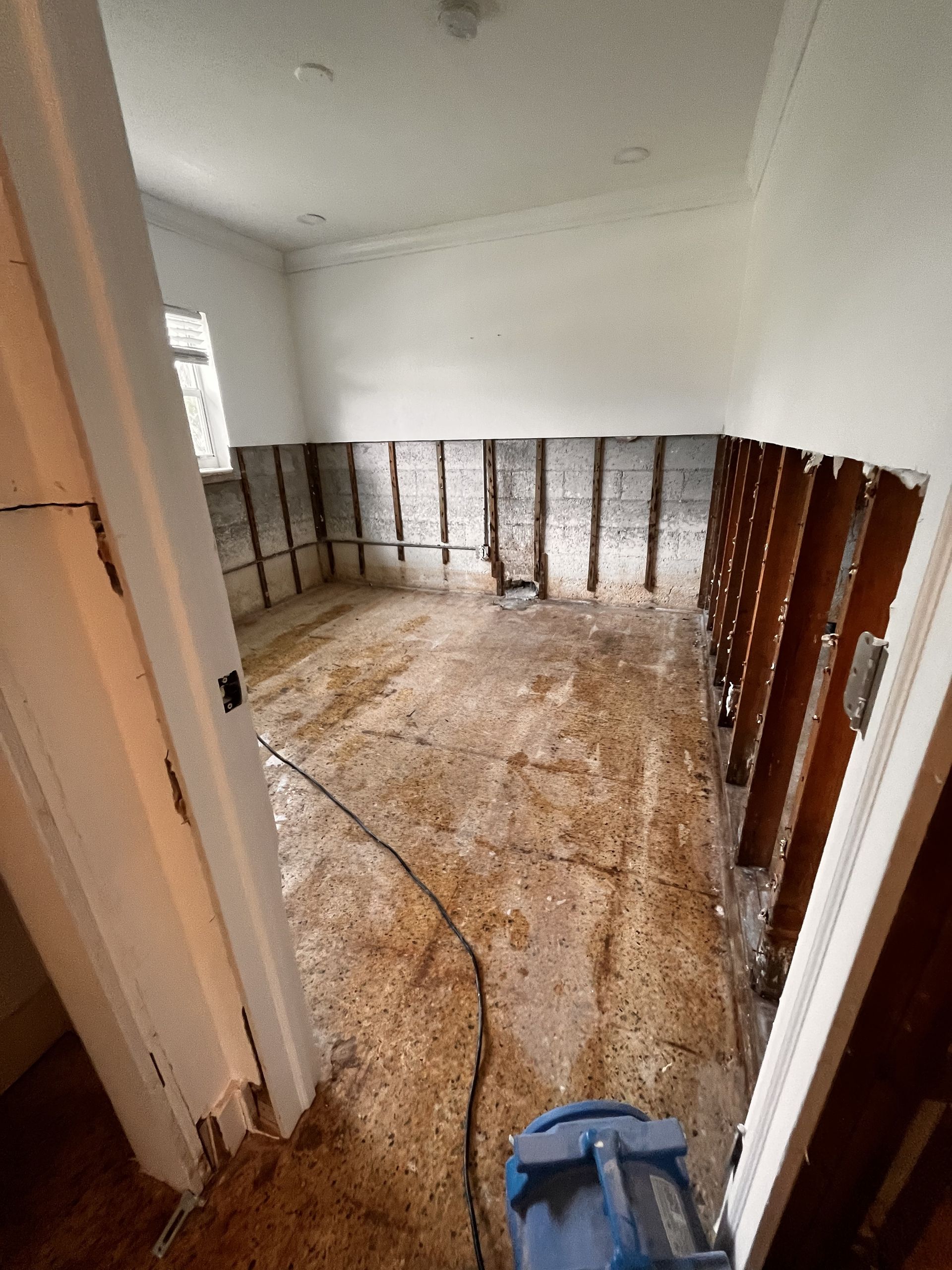 Room gutted of flooring and lower wall, possibly due to flood damage. Debris, exposed studs, and fan.