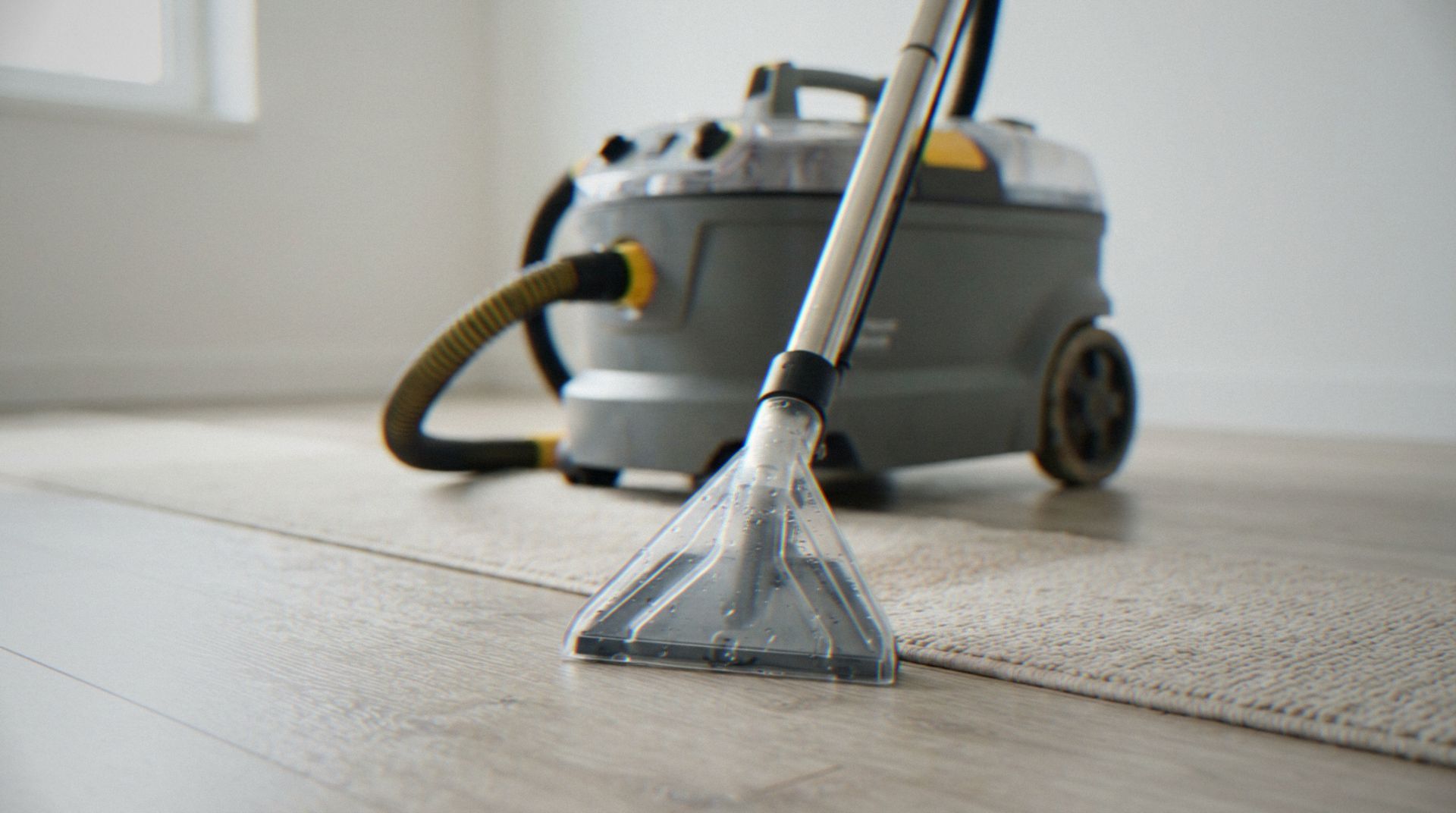 Close-up shot of a professional carpet cleaning machine cleaning a carpet on a hardwood floor.