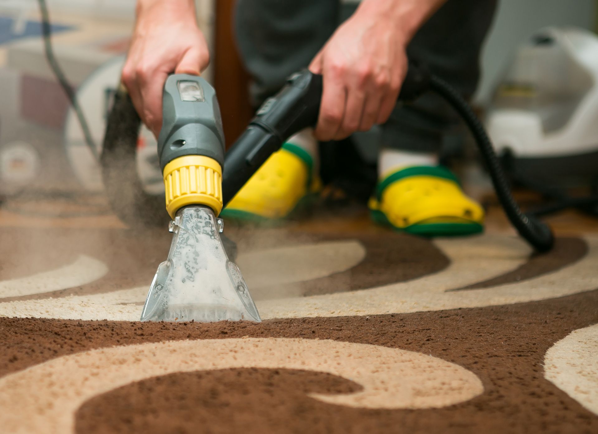The process of cleaning carpets with a steam vacuum cleaner. An employee of a cleaning company clean
