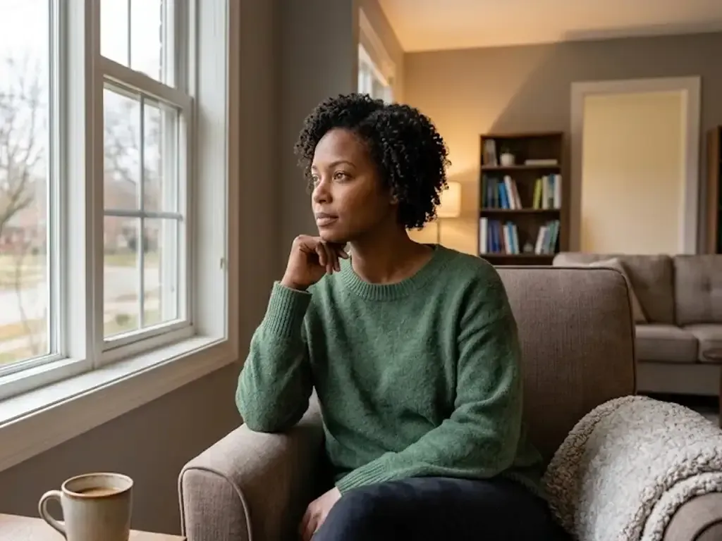 Adult sitting near a window during winter reflecting symptoms of Seasonal Affective Disorder.