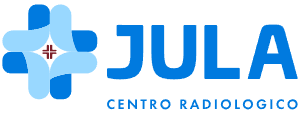 Logo del Centro Radiologico JULA con icona a croce medica blu e testo su sfondo bianco.