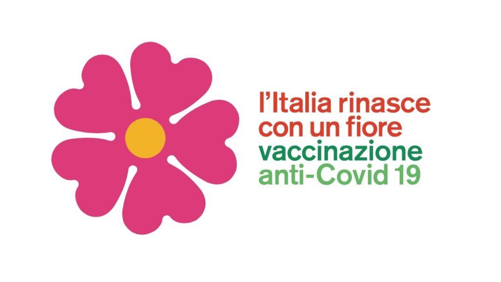 Grafica con fiore rosa e testo in italiano che promuove la vaccinazione anti-Covid-19