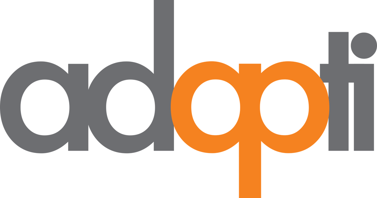 «adapti» i grå og oransje tekst. «P» er oransje.