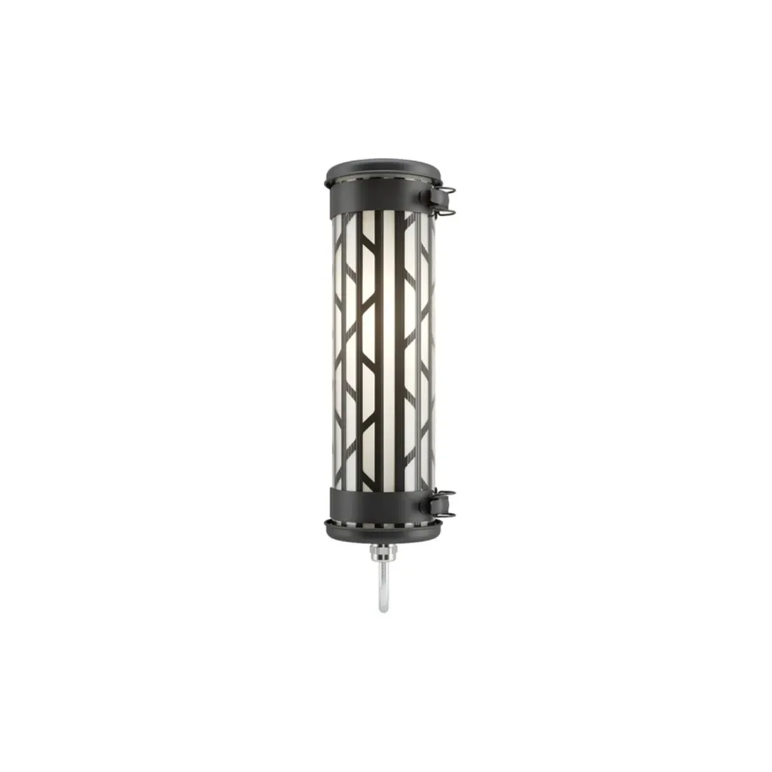 Sylindrisk svart og hvit utendørs vegglampe med et geometrisk mønster, montert på vegg.