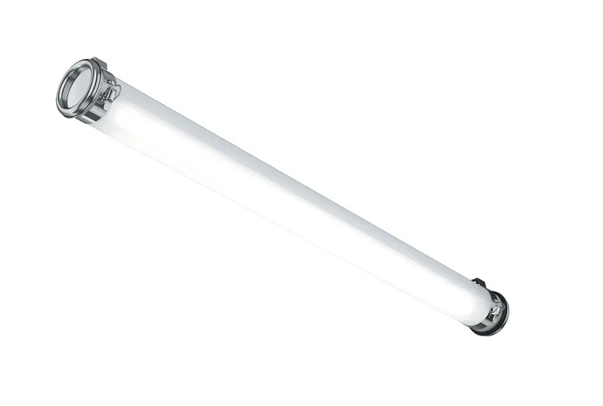 Lysstoffrør, sylindrisk form, klart rør, endestykker i metall.