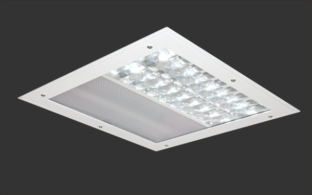Firkantet innfelt taklampe med hvit ramme og to opplyste seksjoner.