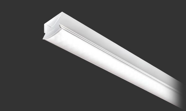 Hvit LED-lineær lysarmatur på mørk bakgrunn.