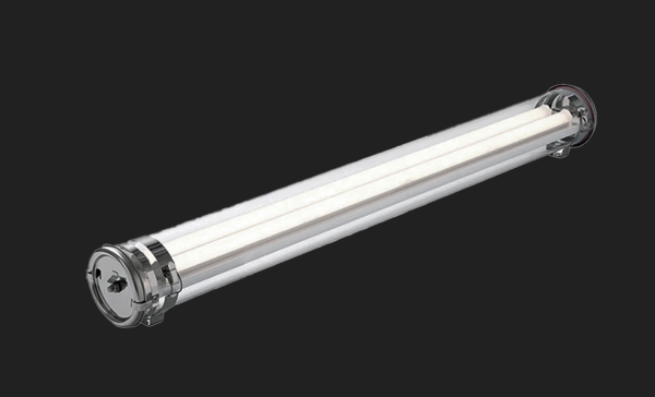Lang, sylindrisk industriell lampe.