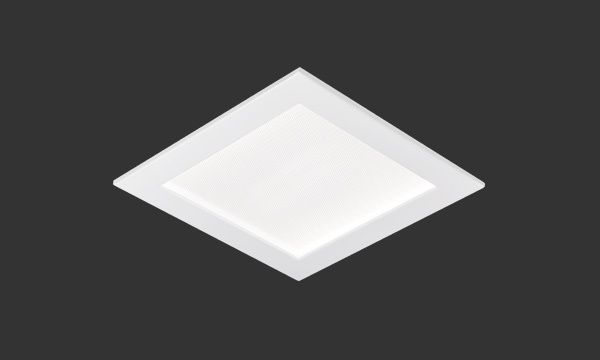 Hvit firkantet innfelt taklampe på grå bakgrunn.