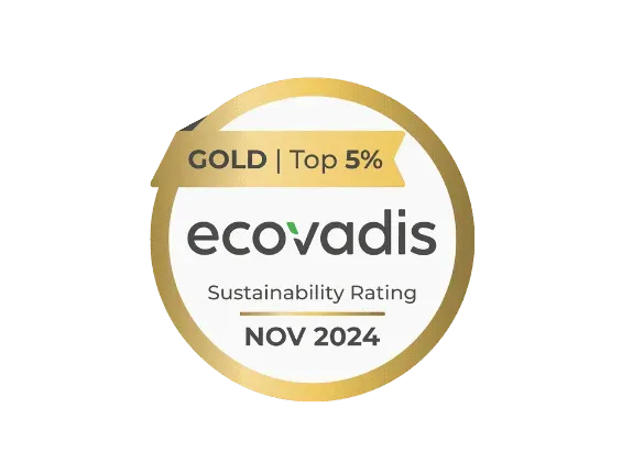 EcoVadis Gold bærekraftsvurderingsmerke, november 2024. Topp 5 % i en gullfarget sirkel.