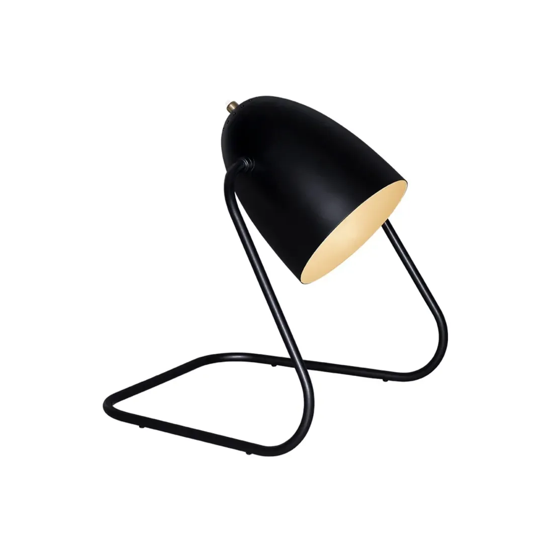 Svart skrivebordslampe med buet fot og vinklet skjerm.