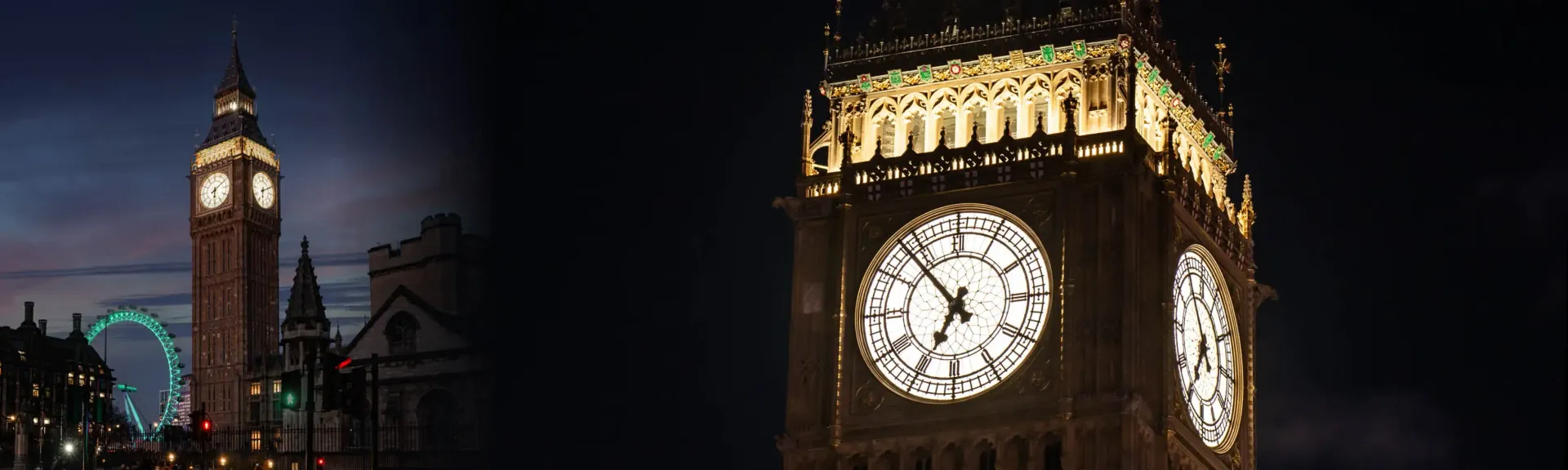 Big Ben opplyst om natten. London Eye i bakgrunnen.