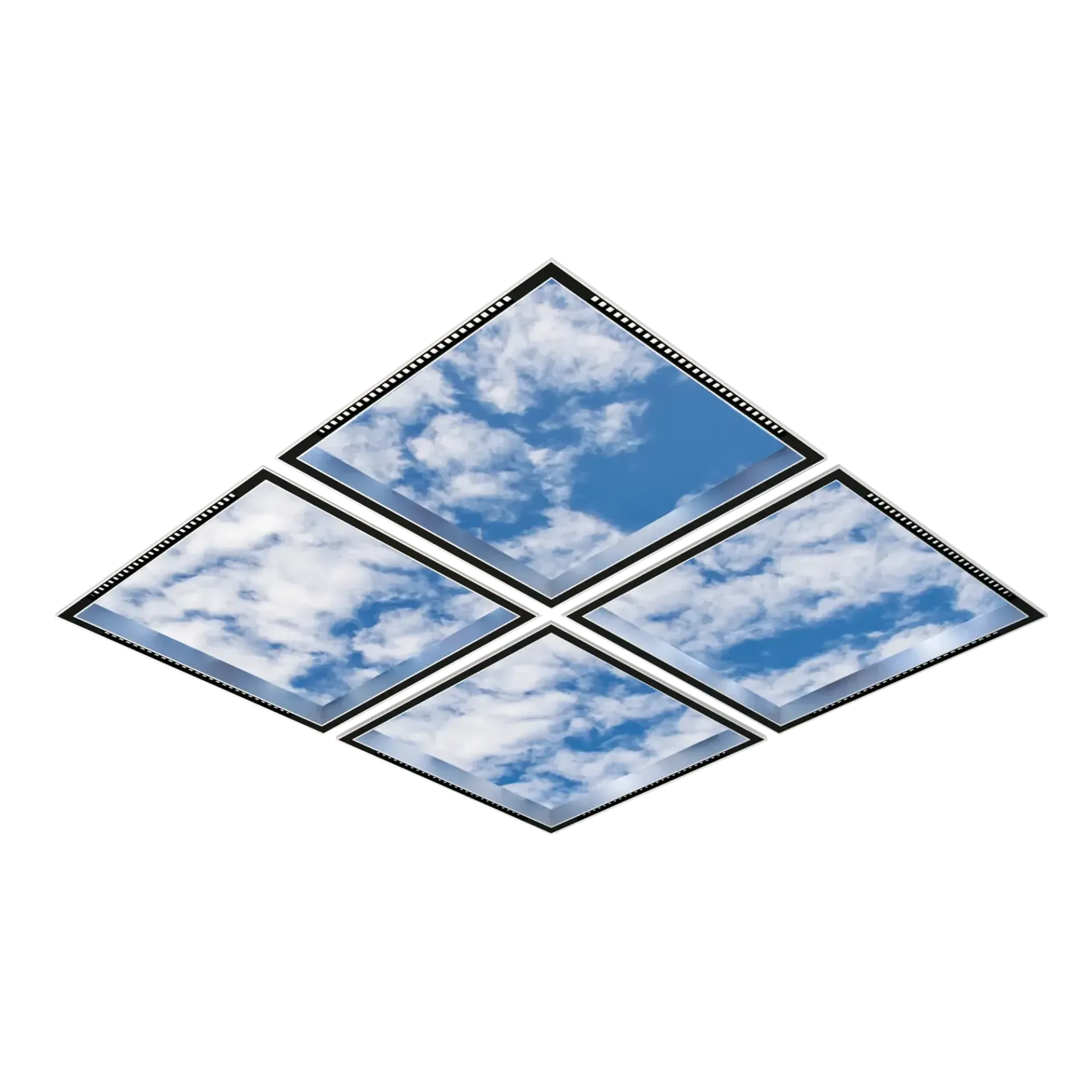 Firkantet taklampe med paneler som viser en blå himmel med hvite skyer.